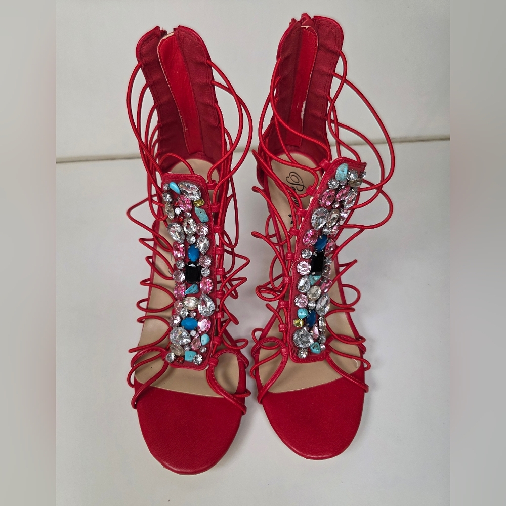 Penny Loves Kenny Red Jeweled Lace-Up Stilettos – Size 9